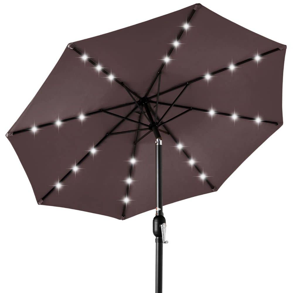 best choice products 10ft solar led lighted patio umbrella w/ tilt adjustment uv-resistant fabric - deep taupe