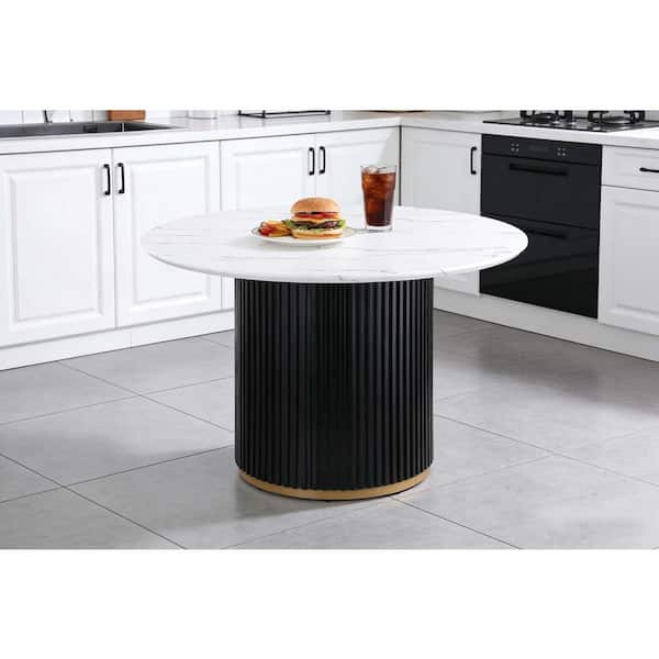 Imogene Modern Faux Marble Wood Round Pedestal Dining Table Seats 4 with Wave Metal Base, Gold Trim