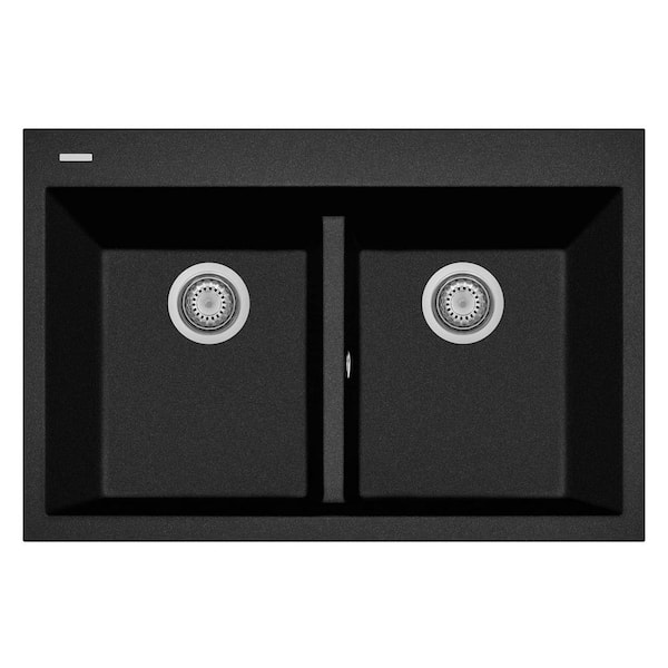 LaToscana ONE Series 33 in. Drop in. Double Bowl Quartz Kitchen Sink in Black Metallic