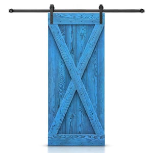 28 in. x 84 in. X Bar Ready To Hang Wire Brushed Blue Thermally Modified Solid Wood Sliding Barn Door with Hardware Kit