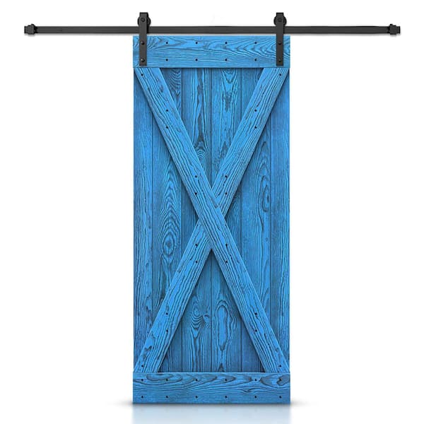 CALHOME 28 in. x 84 in. X Bar Ready To Hang Wire Brushed Blue Thermally Modified Solid Wood Sliding Barn Door with Hardware Kit