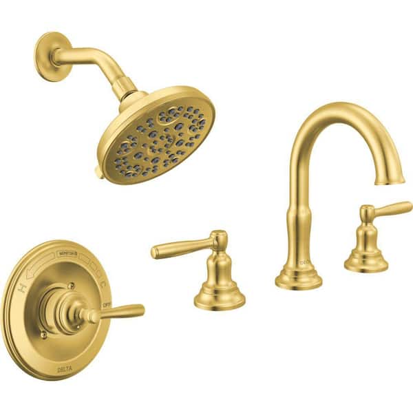 Roe 8 in. Widespread 2-Handle Bathroom Faucet Bundle Shower Trim and Rough-In in Brushed Gold