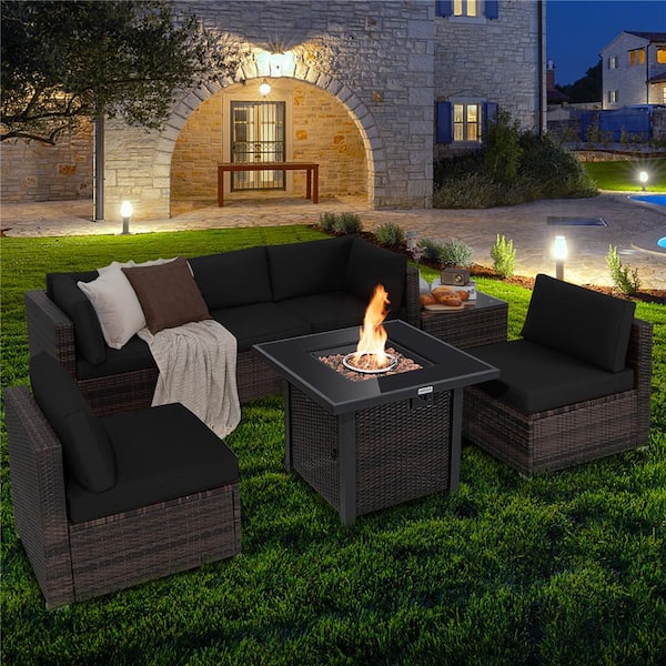 7-Piece Plastic Wicker Patio Conversation Set with Black Cushion Fire Pit Table Cover Glass Top
