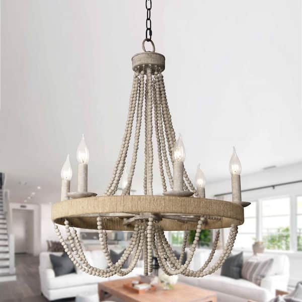 6-Light Wood Vintage Candle Chandelier