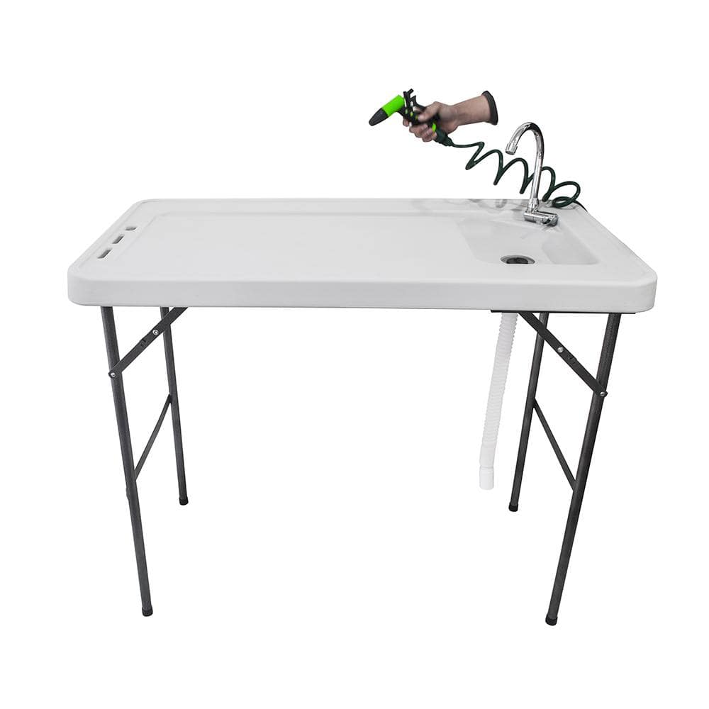 White HDPE Folding Fish Cleaning Table with Sink and Spray Gun