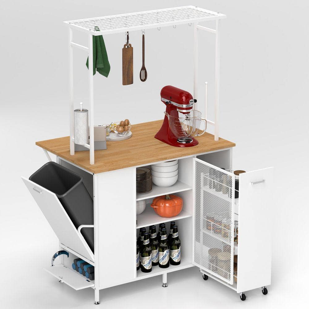 Kitchen Island with Storage Space, Breakfast Bar with Folding Flip-Up Panel, Large Storage Cabinet Shelves in White