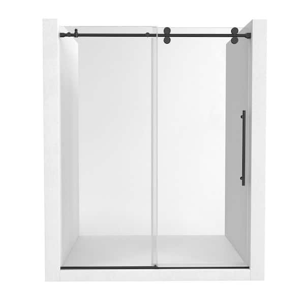 60 in. W x 76 in. H Sliding Frameless Clear Glass Shower Door in Matte Black