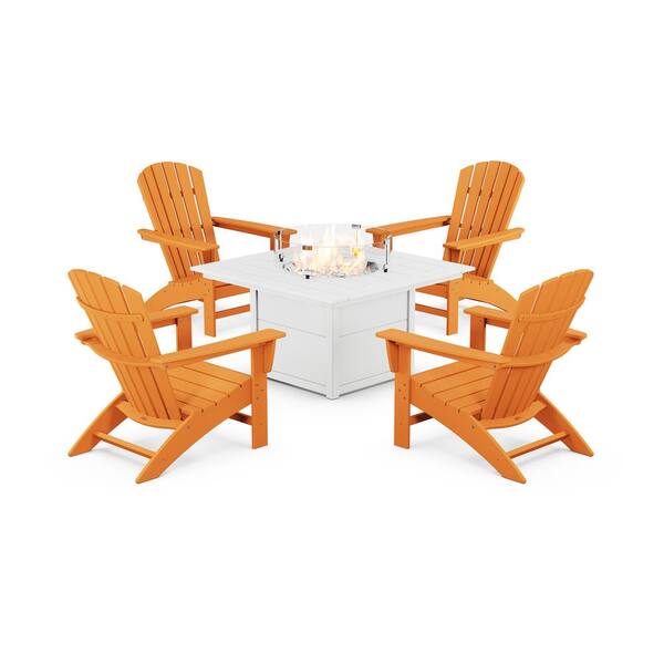 POLYWOOD Grant Park Tangerine 5-Piece Plastic Patio Adirondack Conversation Set with Fire Pit Table