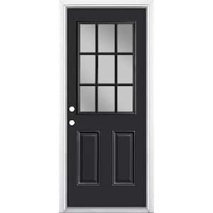 32 in. x 80 in. 9-Lite Right-Hand Inswing Jet Black Painted Steel Prehung Front Exterior Door with Brickmold