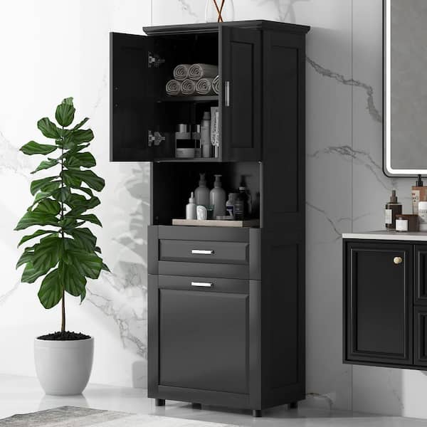 25 in. W x 16 in. D x 70 in. H Black MDF Freestanding Linen Cabinet with Laundry Basket, Drawers, Adjustable Shelf