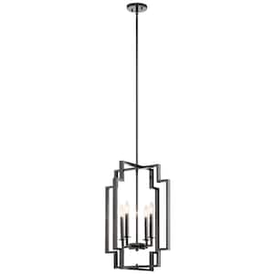 Downtown Deco 25 in. 4-Light Midnight Chrome Contemporary Candle Convertible Foyer Pendant Hanging Light to Semi-Flush