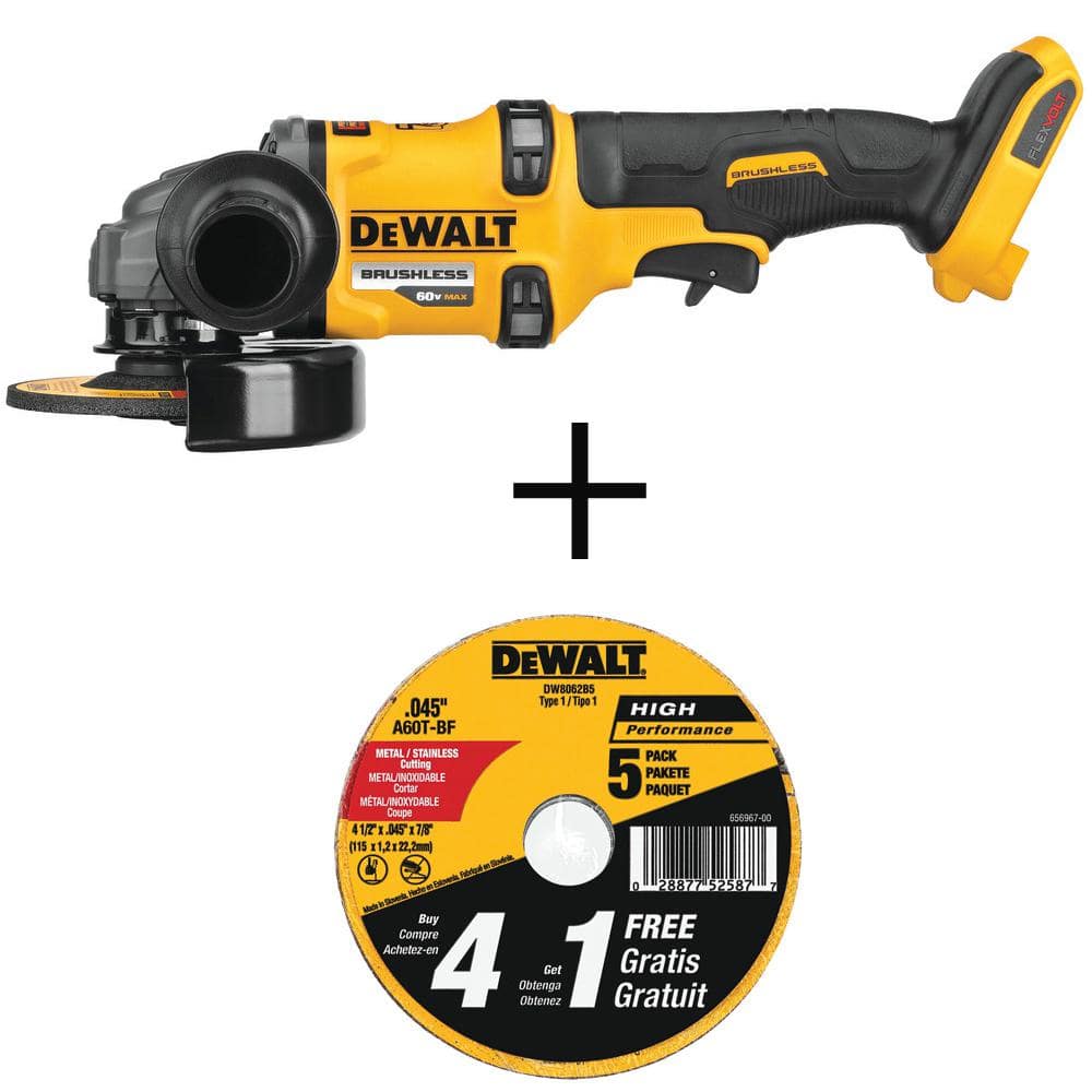DEWALT FLEXVOLT 60V MAX Cordless Brushless 4.5-6 in. Small Angle Grinder  (Tool Only) and Metal Cutting Wheel (5 Pack) DCG418BW8062B5 The Home Depot