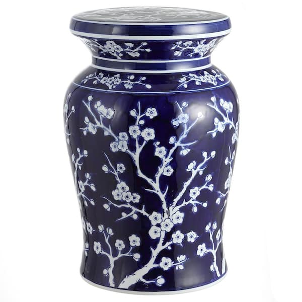 JONATHAN Y Cherry Blossom 17.7 in. Navy/White Ceramic Garden Stool