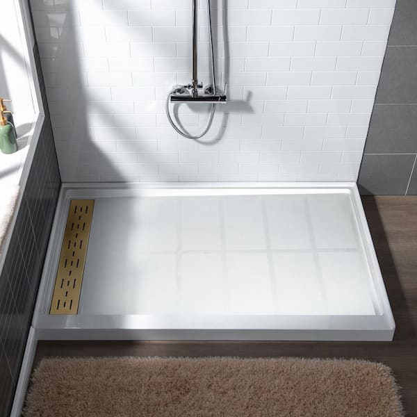 Krasik 60 in. L x 34 in. W Alcove Solid Surface Shower Pan Base with Left Drain with Brushed Gold Cover