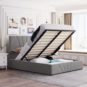 58.80 in. Gray Full-Size Upholstered Platform Bed, Full Bed Frame with Storage Underneath, Wooden Full Platform Bed