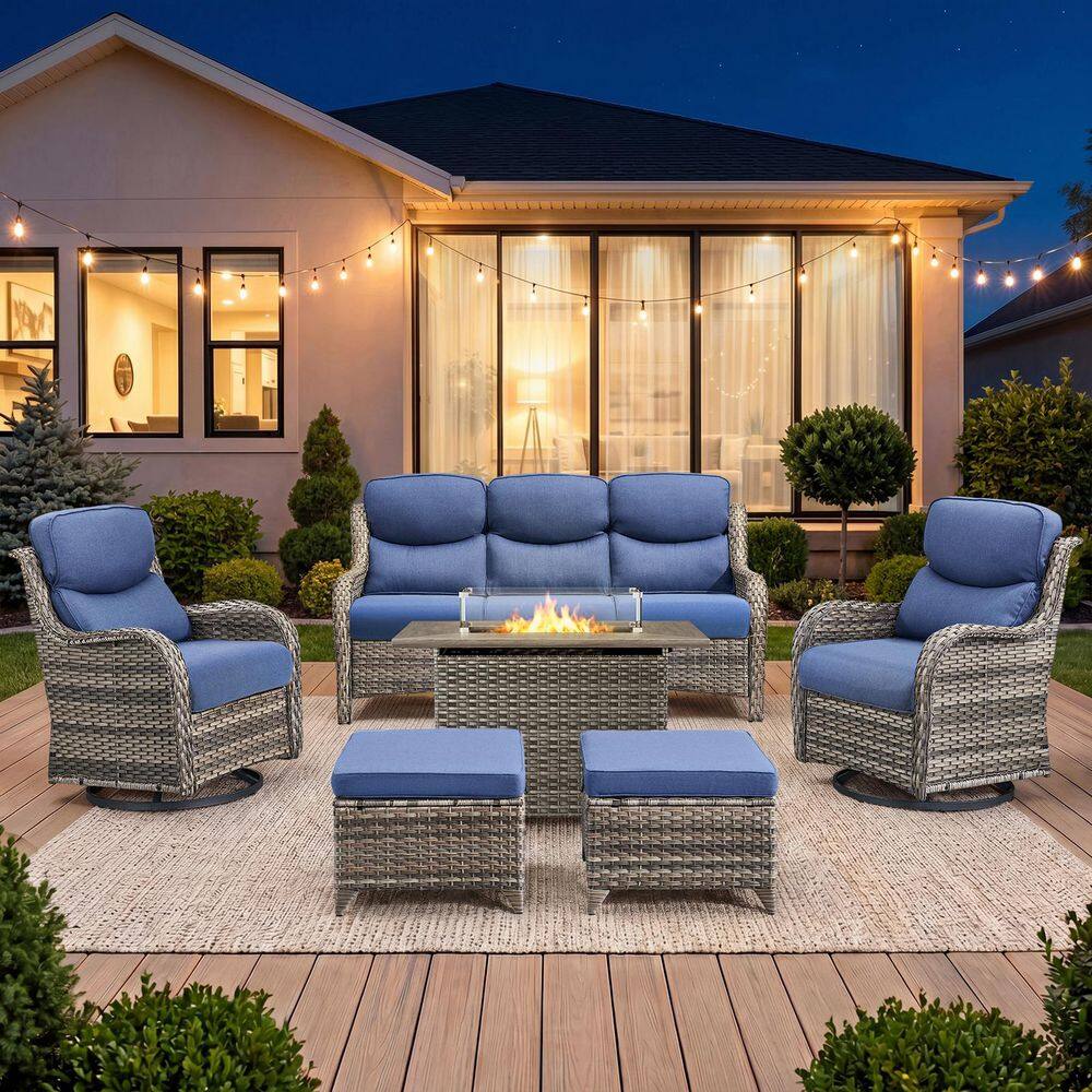 Sialion Gray 6-Piece Wicker Patio Fire Pit Conversation Sofa Set Outdoor Swivel Glider Chairs with 5 in. Bule Cushions price history on PriceWatchPro
