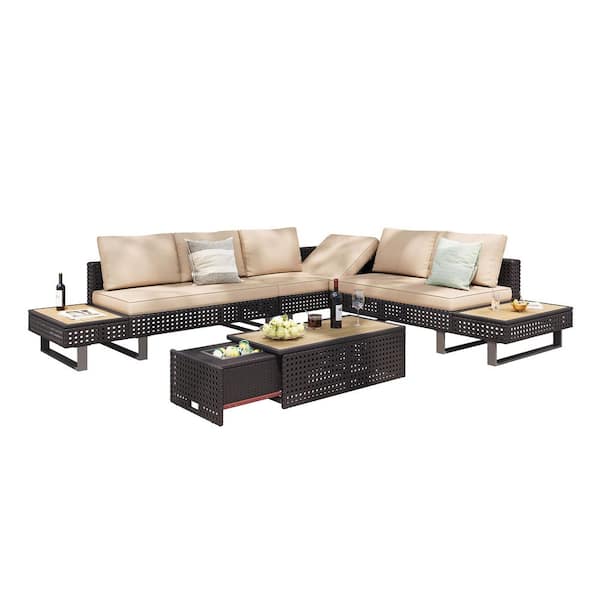 Unbranded 6-Piece Wicker Outdoor Sectional Sofa Set, Modular Patio Furniture Set with Khaki Cushions, Adjustable Backrest