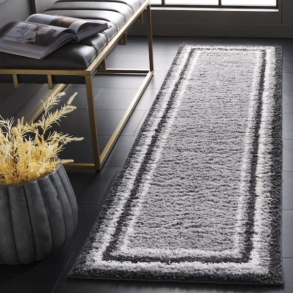 Border and Stripe Shag 2 ft. x 8 ft. Gray/Black Concentric Border Runner Rug