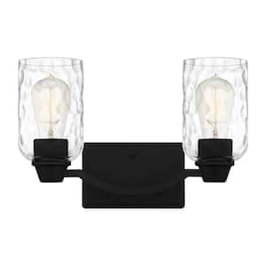 Acacia 14 in. 2 Light Matte Black Vanity Light with Clear Water Glass
