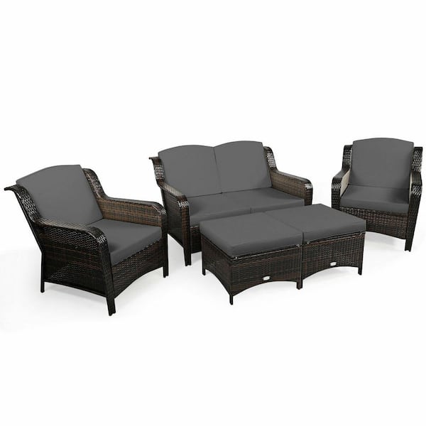 ANGELES HOME 5-Piece PE Wicker Outdoor Sofa Set Patio Conversation Ottoman Set with Cushions Gray