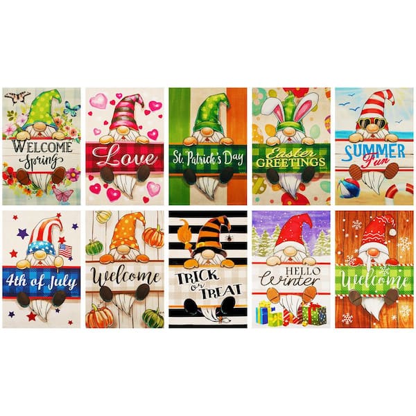 1 ft. x 1.5 ft. Polyester Holiday Gnomes Set 3 10pc 2-Sided Garden Flag Printed Blockout
