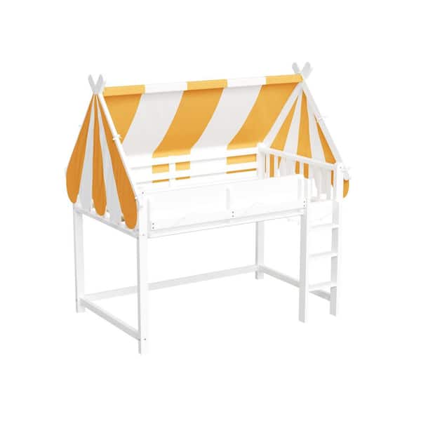 White Full Wood Loft Bed with Canopy, LED Lights and Book Shelf