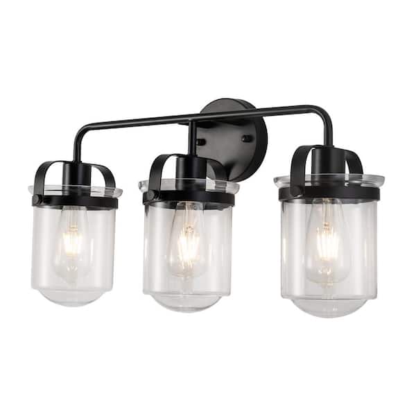 Sunpez 22.44 in. W 3-Light Black Vanity Light with Clear Glass Modern Industrial Indoor Light Fixture, E26, Bulbs Not Included
