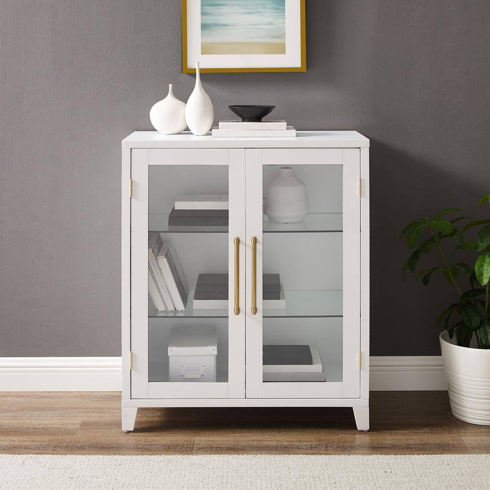 White Glass Door Kitchen Pantry Storage Cabinet with Gold Hardware