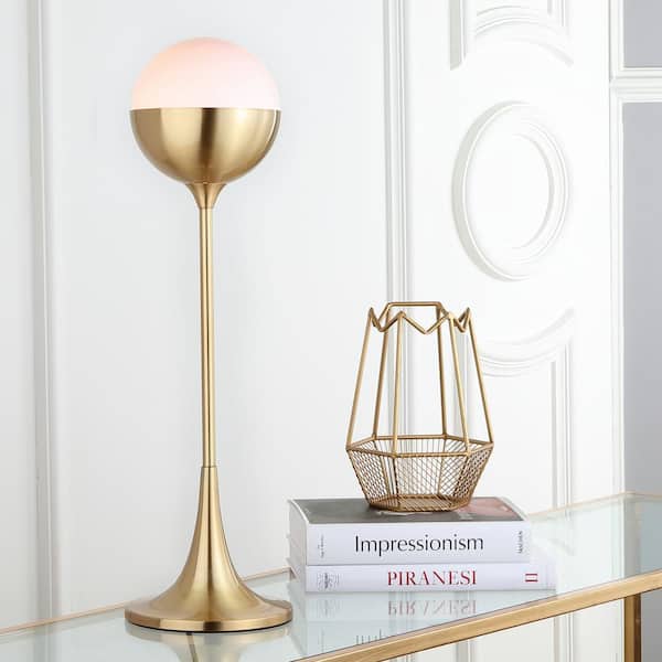 SAFAVIEH Lando 27 in. Brass Gold Upright Table Lamp with White/Gold Globe Shade