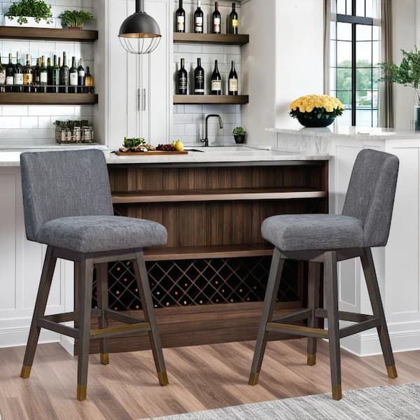 Armen Living Basila Grey Oak Swivel Bar Stool with Grey Fabric  Seat 840254332249