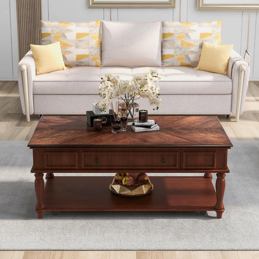 Qualler 47 .2 in. Espresso Rectangle Wood Coffee Table with Caster ...