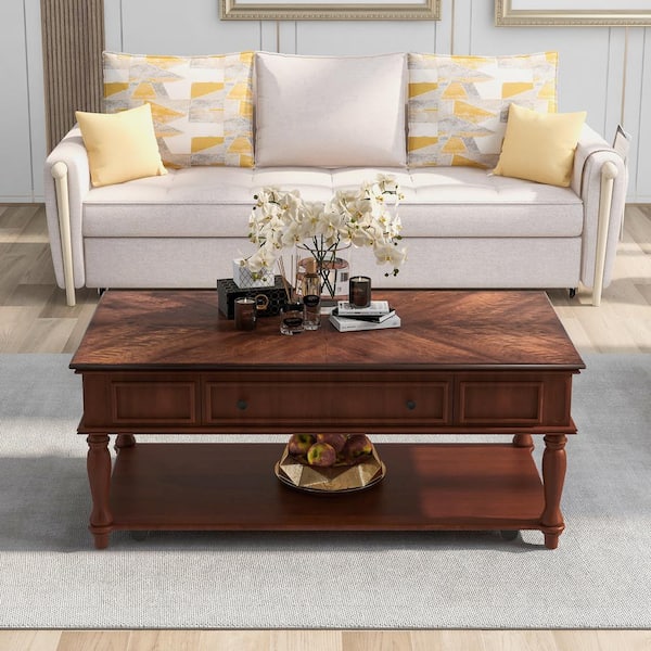 Qualler 47 .2 in. Espresso Rectangle Wood Coffee Table with Caster Wheels