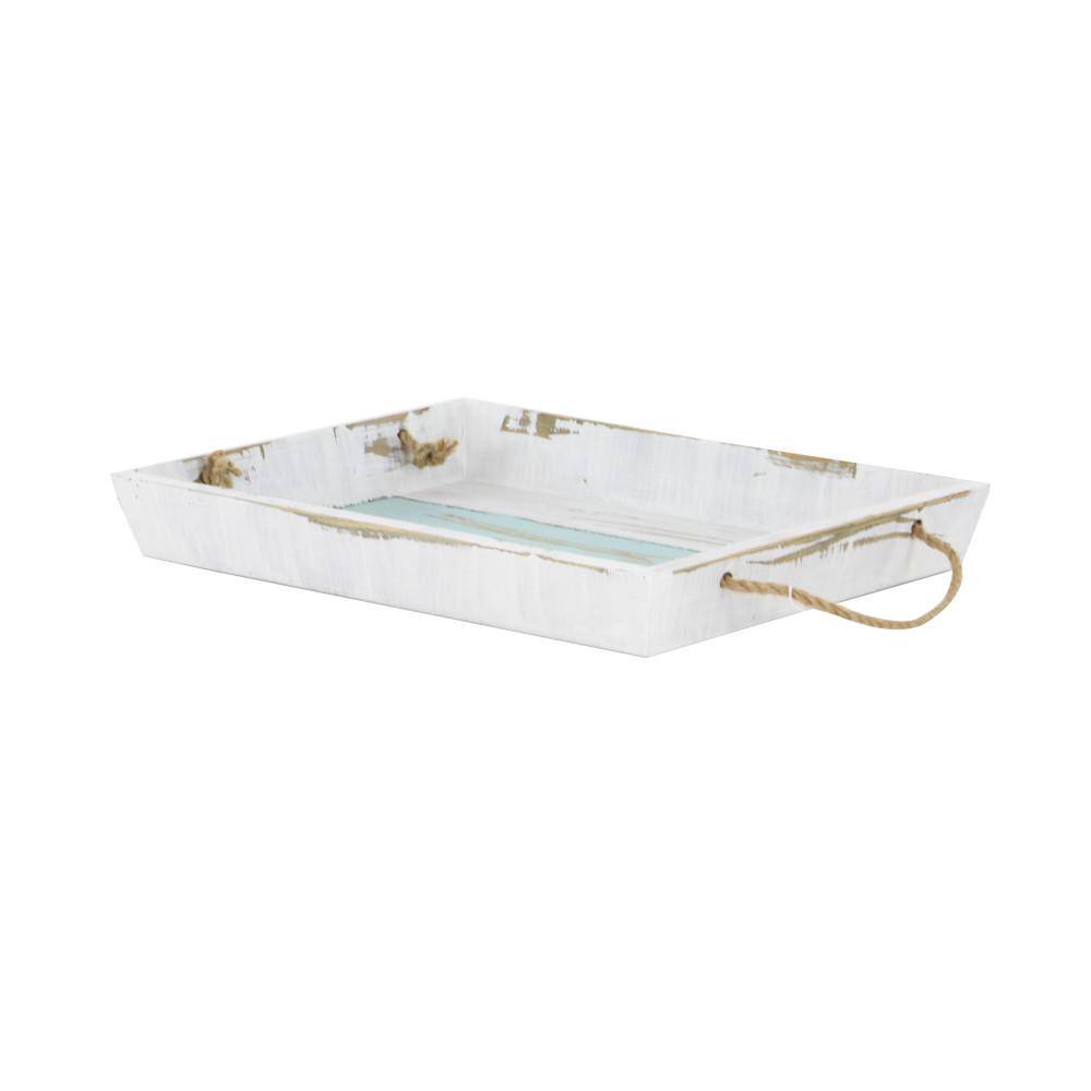 Nautical White and Blue Wood Rectangular Tray Set with Jute Handles