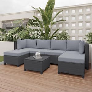 Black 7-Seater Wicker Outdoor Seating Group Rattan Sectional Sofa Set with Gray Cushions