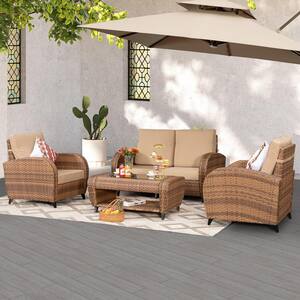 High-end Brown 5-Piece Wicker Patio Conversation Deep Seating Set with Brown Cushions and Coffee Table