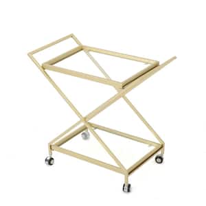 Outdoor Patio Gold Iron Bar Cart with Lockable Wheels and Tempered Glass Table Top