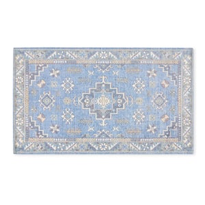 Luxe Livie Forever Vintage Blue Ivory 24 in. x 40 in. Machine Washable Kitchen Mat