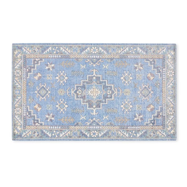 TOWN & COUNTRY LIVING Luxe Livie Forever Vintage Blue Ivory 24 in. x 40 in. Machine Washable Kitchen Mat