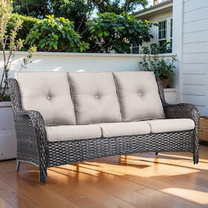 3 Seat Wicker Outdoor Patio Sofa Couch with Deep Seating and Cushions, Suitable for Porch Deck Balcony (Brown/Beige)