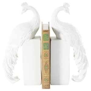 White Resin Textured Peacock Bookends with Tall Block Bases (Set of 2)