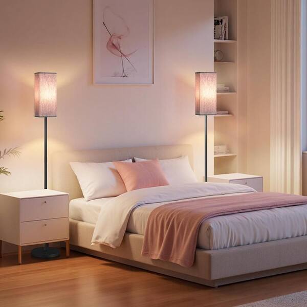 65 in. Black 1-Light Lantern Floor Lamp with Linen Shade and No