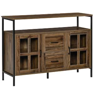 Dark Walnut Buffet Cabinet with Drawers and Glass Doors