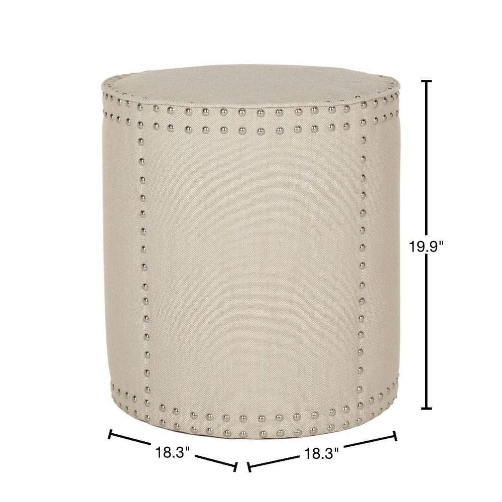 Beige Round Linen Ottoman with Nail Head Trim