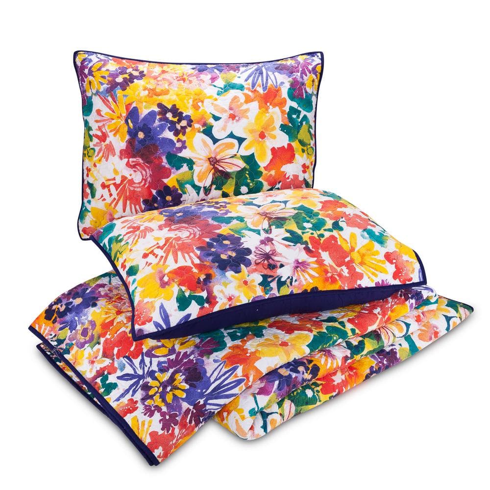 Vibrant Floral Cotton Twin Quilt Set in Purple and Yellow