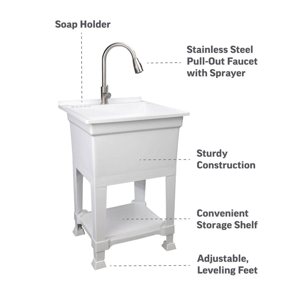 24-Inch White Polypropylene Freestanding Utility Sink with Stainless Steel Faucet