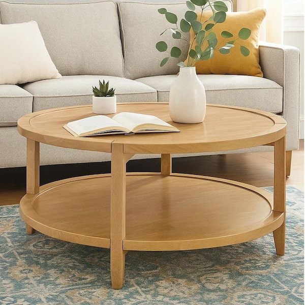Camilia 35.5 in. Maple Brown Round Wood Coffee Table with Includes Storage Space
