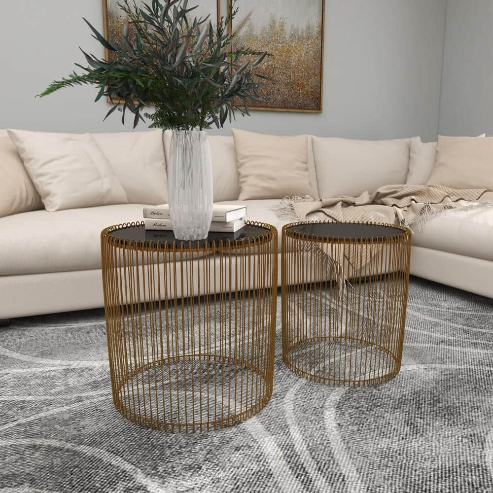 Elegant Gold Metal and Black Glass Round Accent Table Set