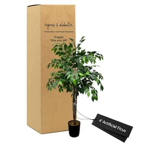 Handmade 4 ft. Artificial 3-Tier Ficus Tree in Home Basics Plastic Pot Made with Real Wood and Moss Accents