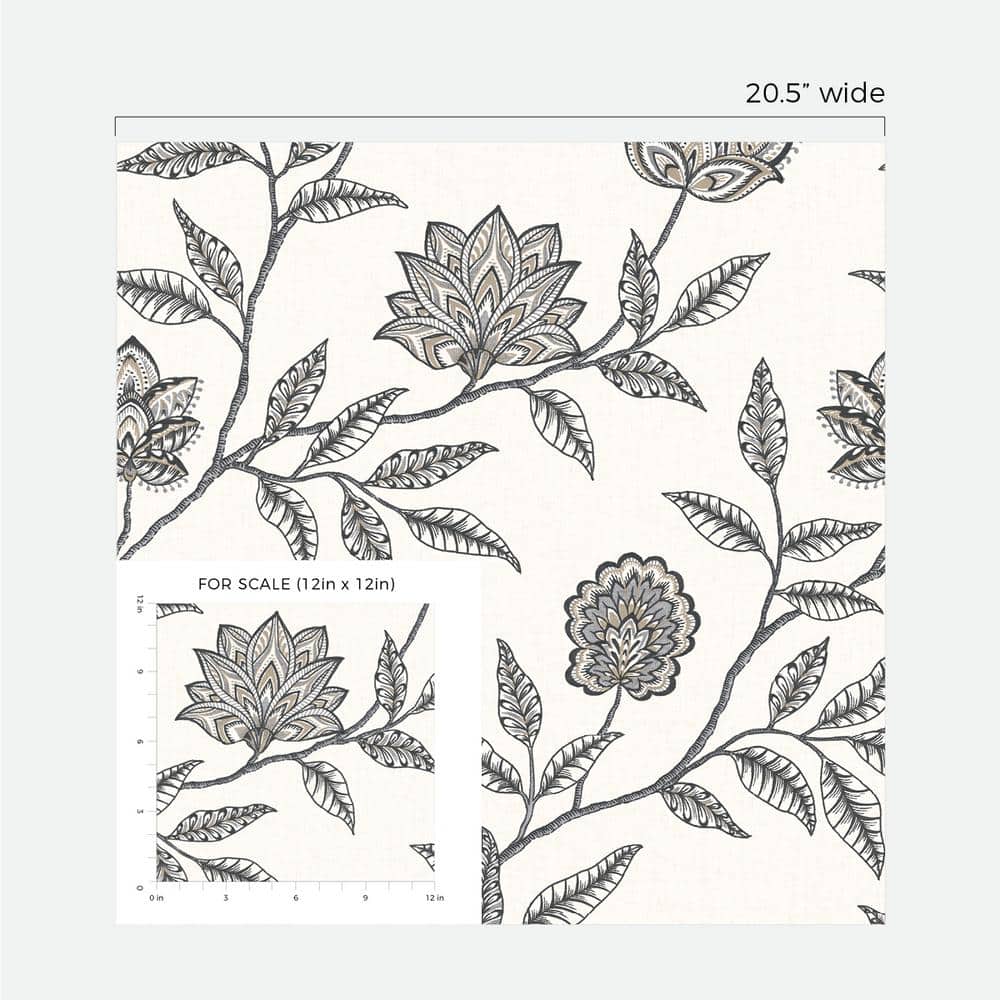 Gray and Black Jacobean Floral Peel and Stick Vinyl Wallpaper