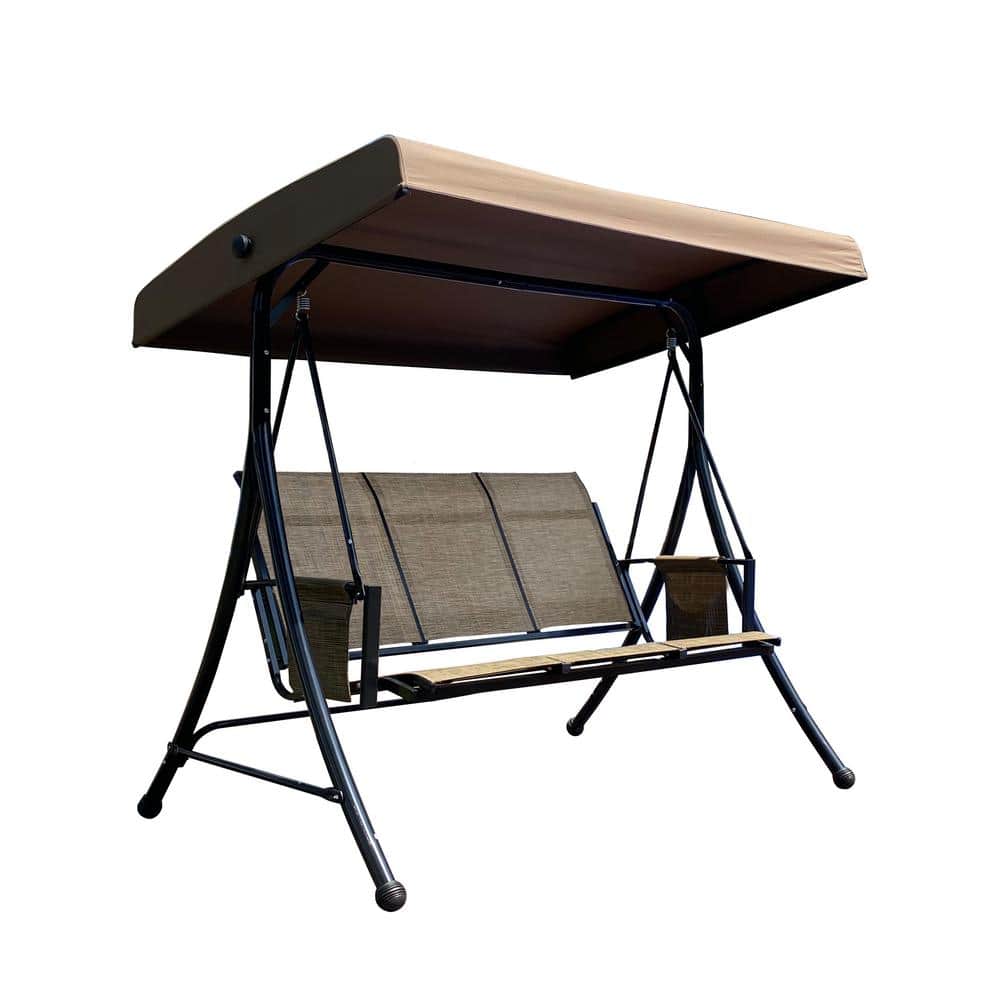 74.8 in. 3-Person Metal Patio Swing Chair with Side Bags, Canopy Adjustable